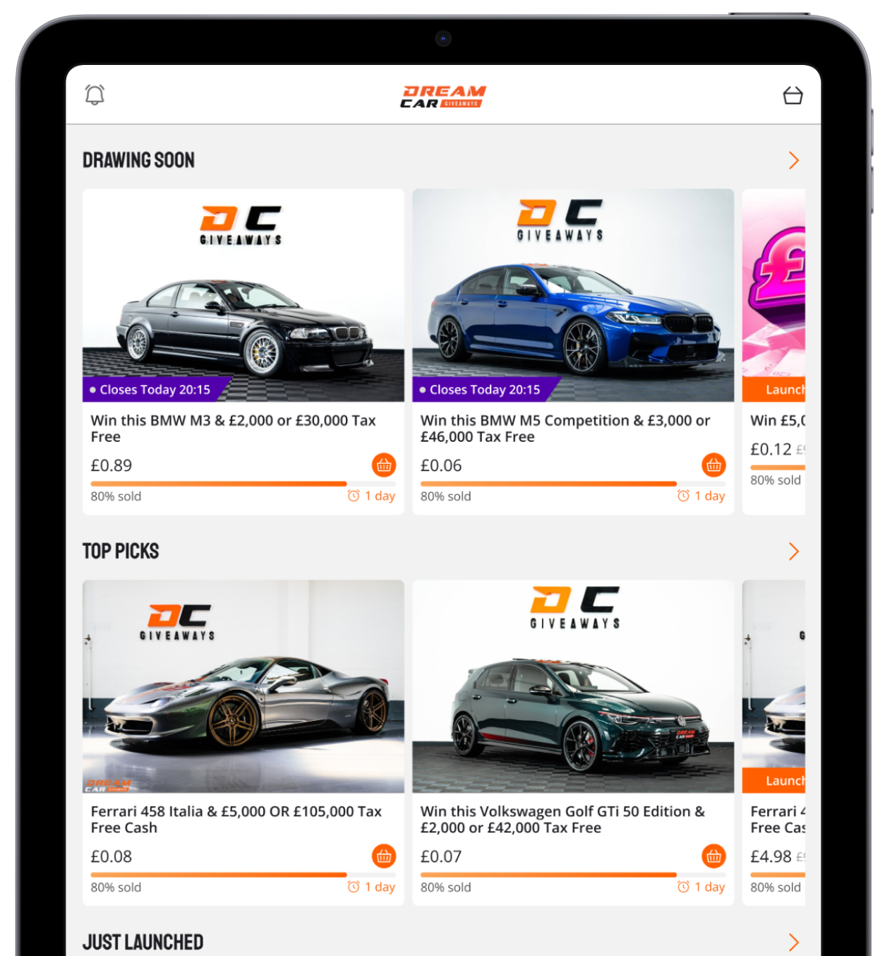 Dream Car Giveaways app on iPad Pro